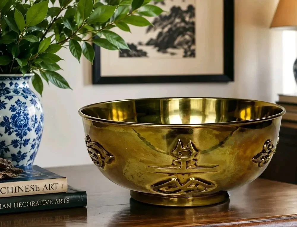 Vtg Chinese Brass Pedestal Bowl Asian Decor Embossed Symbols Footed 12